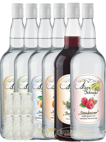 Alpenschnaps Steinbeisser Mischpaket 6 x Online Bottle Whisky, Spirituosen Liter 6 & Drinks & 1,0 - Miniglaskrüge Rum + - Shop